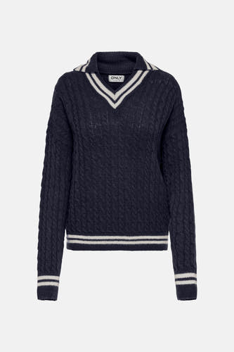 Blauwe V-hals trui van ONLY met kabelpatroon en witte streepdetails.