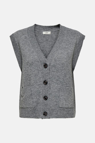 T-shirt gris JDY avec col V, fermeture à boutons et poches brodées.