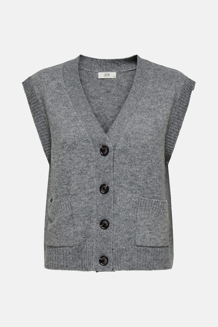 T-shirt gris JDY avec col V, fermeture à boutons et poches brodées.