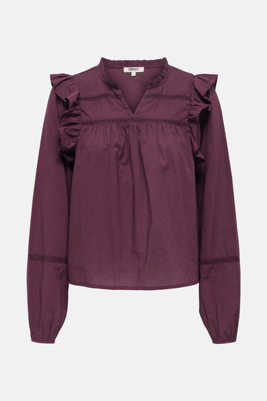 Blouse Bordeaux avec longues manches de ONLY, avec des fronces sur les épaules et des détails ajourés.