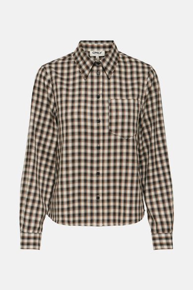 Chemise beige à longues manches de ONLY, avec un motif de carreaux et une poche po poitrine.