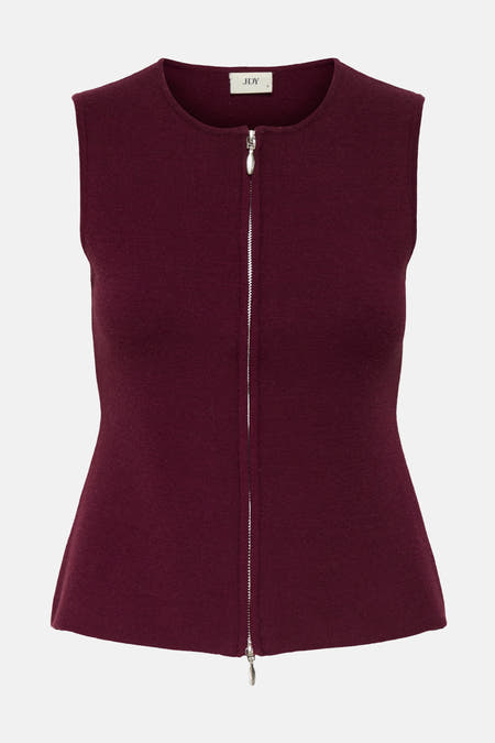 T-shirt sans manches bordeaux de JDY avec une fermeture éclair sur toute la longueur.
