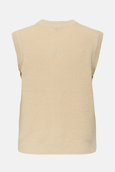 Beige debardeur van JDY, gebreid met een ribbelpatroon, gezien van achteren.
