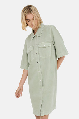 Een vrouw in een lichtgroene denim jurk met korte mouwen en knopen.