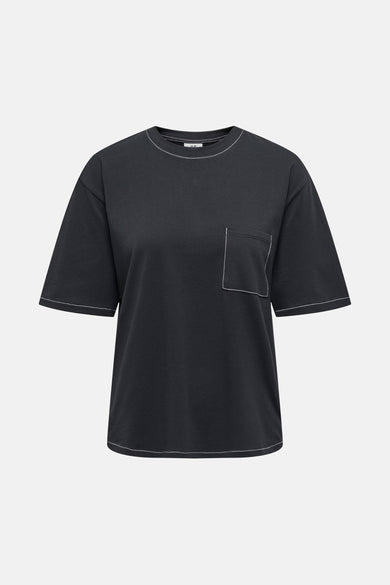 T-shirt noir à manches courtes de JDY, avec des surpiqures contrastantes le long du col et des manches, vue arrière.