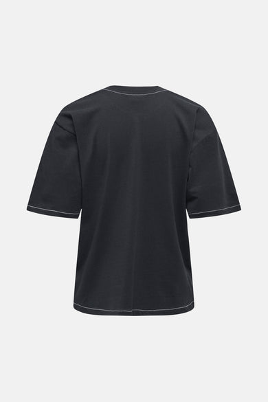 Zwart T-shirt met korte mouwen van JDY, met contrasterende stiksels langs de zoom en mouwen, rug aanzicht.
