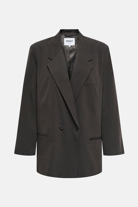 Blazer marron d'ONLY, avec des détails de craie subtils et des boutons sur les manches.
