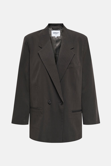 Blazer marron d'ONLY, avec des détails de craie subtils et des boutons sur les manches.