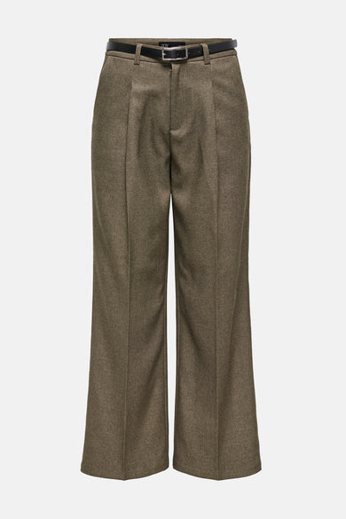 Pantalon de costume brun JDY, avec une large cee et une ceinture noire, vu de l'arrière.