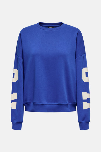 Gilet bleu avec col rond de ONLY, avec de grandes lettres blanches sur les manches.