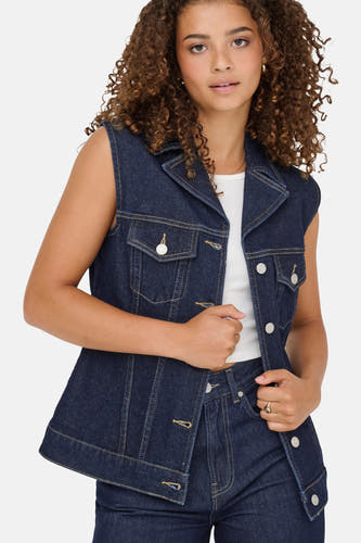 Jean denim bleu marine sans manches d'ONLY, avec poches et fermeture à bouton.