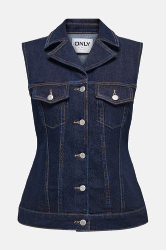 Jean denim bleu marine sans manches d'ONLY, avec des boutons et des poches argentés.