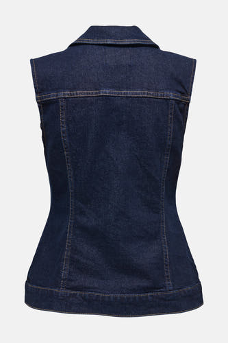 Blazer en denim bleu marine sans manches d'ONLY, avec des coutures contrastantes et une coupe structurée, vu sur le dos.