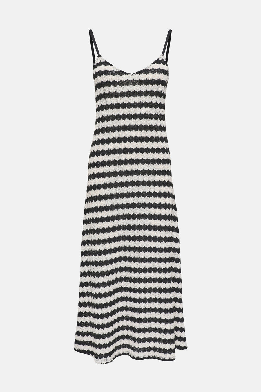 Robe sans manches en maille noire et crème de ONLY® avec un motif à rayures ondulées, des fines bretelles et un col en V.
