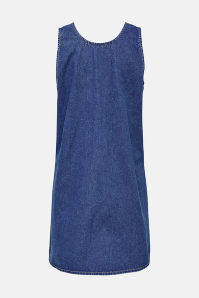 Jean sans manches en denim bleu moyen de ONLY, vue arrière, avec des points le long des bords.