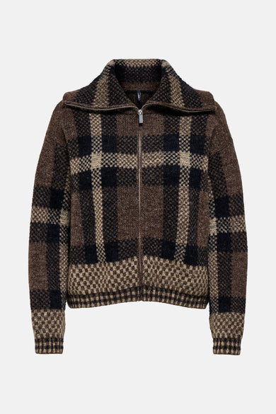 Veste brune ONLY, avec un grand motif de carreaux et une fermeture éclair à l'avant.