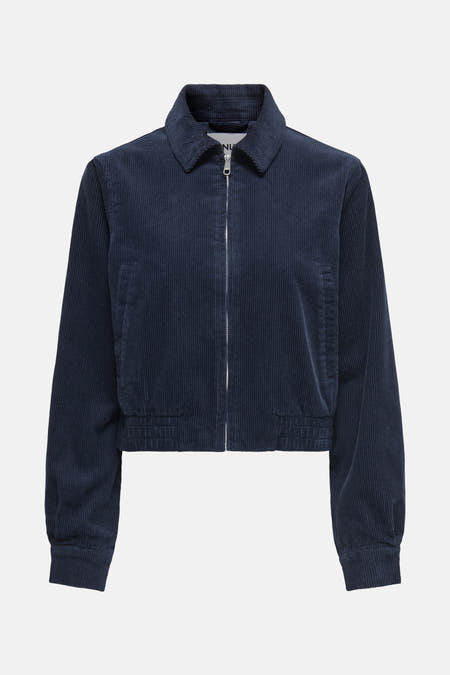 Manteau court bleu d'ONLY, avec des manches longues et un col, vu de dos.