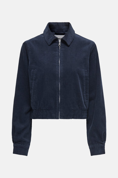 Manteau court bleu d'ONLY, avec des manches longues et un col, vu de dos.