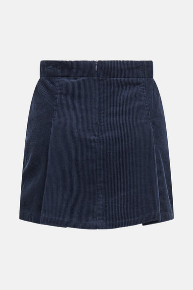 Jupe courte bleue ONLY, en tissu corduroy avec une fermeture éclair invisible à l'arrière.