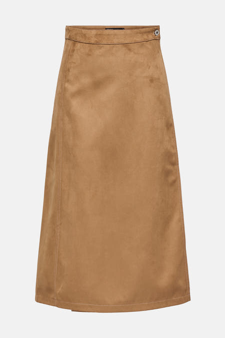 Jupe longue brune de ONLY, avec des broderies sur les côtés et une texture douce en similire au cuir suédé.