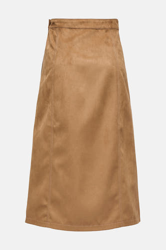 Bruine lange rok van ONLY, met sierstiksels aan de zijkanten en een zachte suède-achtige textuur.
