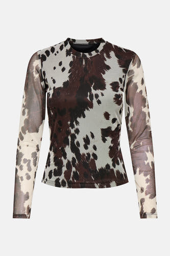 T-shirt brun à manches longues de ONLY, avec imprimé de vaches et manches en mesh.