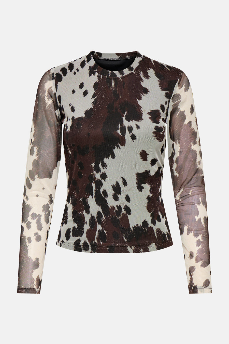 T-shirt brun à manches longues de ONLY, avec imprimé de vaches et manches en mesh.
