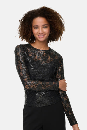 Blouse noire à longues manches de ONLY, avec un motif de fleurs et des détails scintillants.