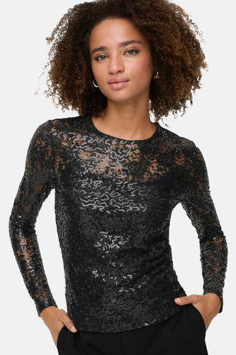 Blouse noire à longues manches de ONLY, avec paillettes et un motif en dentelle.