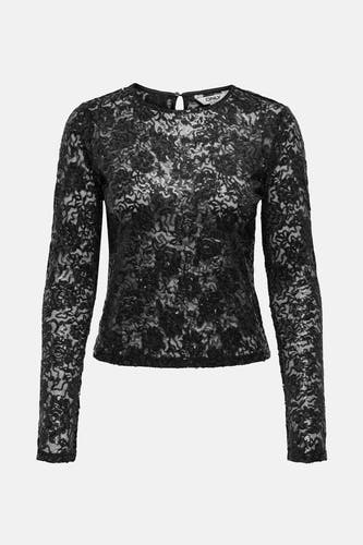 Blouse noire à longues manches ONLY, avec un motif de fleurs et des paillettes.