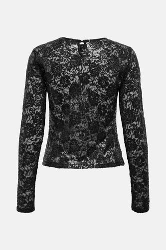 Blouse noire à manches longues d'ONLY, avec un motif de fleurs et des détails transparents sur les côtés et l'arrière.