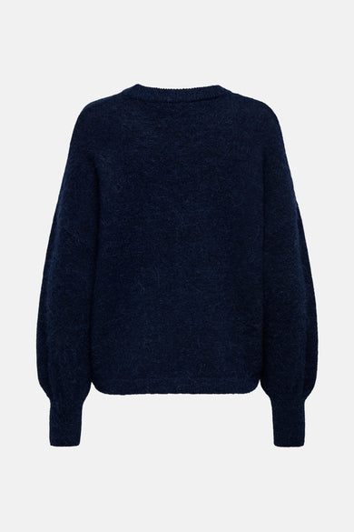 Donkerblauwe trui met ronde hals van ONLY, met lange pofmouwen en een fijne textuur.