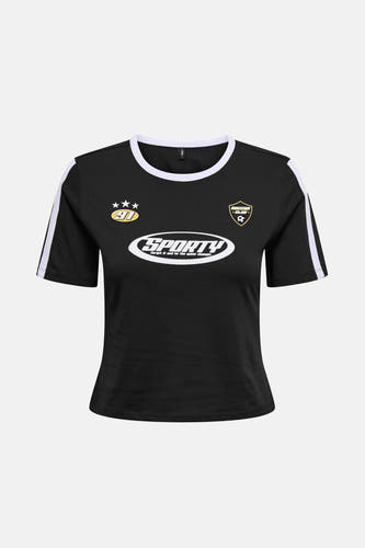 T-shirt noir à manches courtes de ONLY, avec des accents blancs et des détails sportifs.