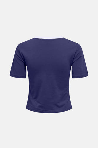 Blauw T-shirt met korte mouwen van ONLY®, met een witte ronde halslijn, gezien van achteren.
