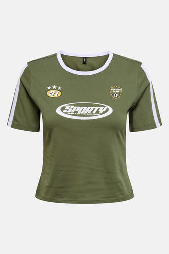 T-shirt Kaki à manches courtes de ONLY, avec des rayures blanches sur les manches et des logos sportifs.