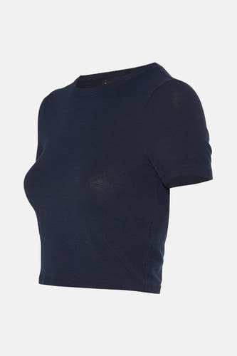Donkerblauw T-shirt met korte mouwen van ONLY, met een subtiele ribtextuur en een eenvoudige ronde hals.