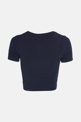 Donkerblauw T-shirt met korte mouwen van ONLY®, met een ribgebreide textuur, achterkantweergave.
