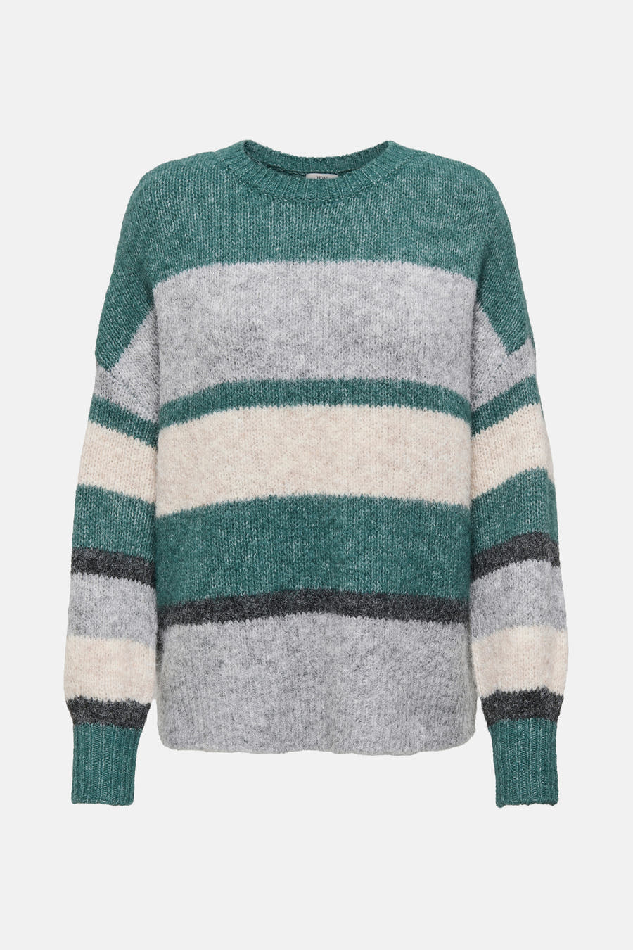 Pull-over vert rond JDY, avec des aveces horizontales en gris, blanc et dark.