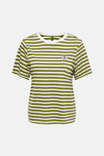 Groene gestreepte korte mouw T-shirt van ONLY® met witte strepen en hart-logo op borst, front view
