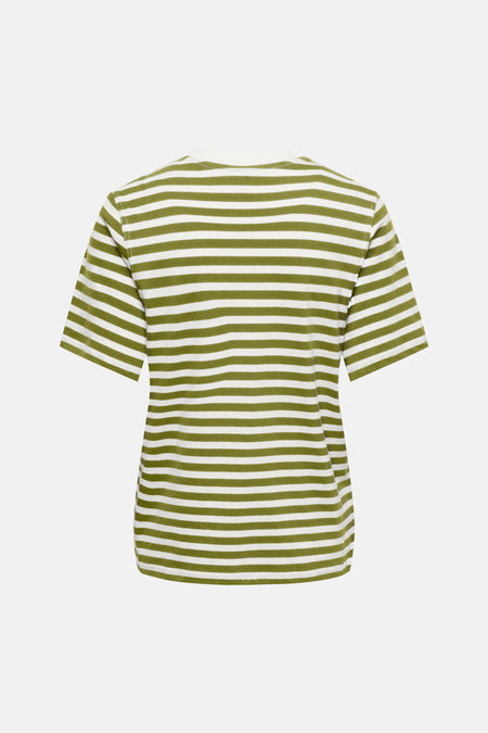 Groene gestreepte korte mouwen T-shirt van ONLY®, achterzijde met witte horizontale strepen, comfortabele pasvorm