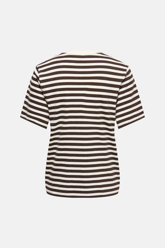 Bruine gestreepte korte mouwen T-shirt van ONLY®, achterkant met witte en bruine horizontale strepen, comfortabele pasvorm