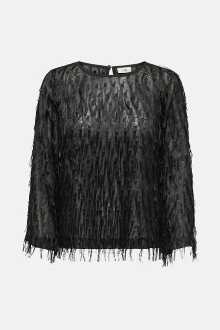 Blouse noire à manches longues de JDY, avec des franges et une texture transparente.