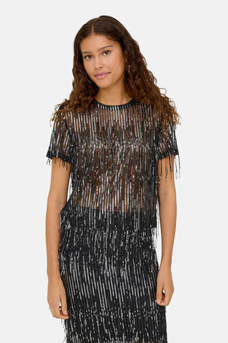 Blouse noire à manches courtes de ONLY, ornée de rayures verticales en paillettes argentées.