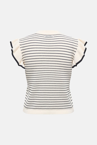 Pull blanc JDY, avec une texture rayée et des manches courtes pliées.