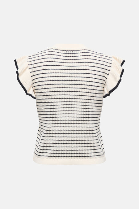 Pull blanc JDY, avec une texture rayée et des manches courtes pliées.