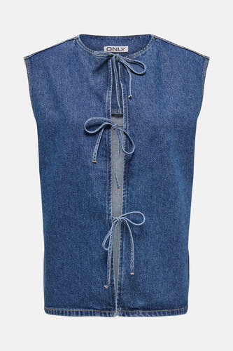 T-shirt en denim bleu sans manches de ONLY, avec des détails rayés à l'avant.