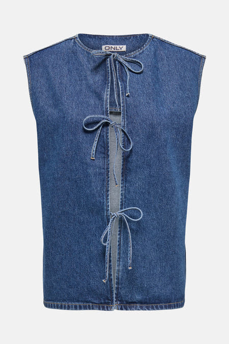 T-shirt en denim bleu sans manches de ONLY, avec des détails rayés à l'avant.