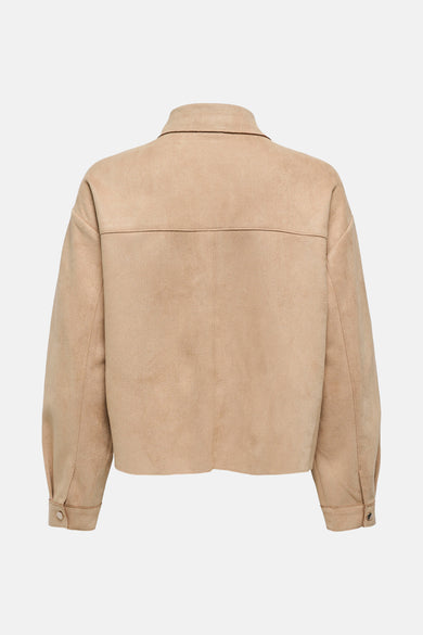 Beige hemd met lange mouwen van JDY, met een kraag en knoopsluiting, gezien van achteren.
