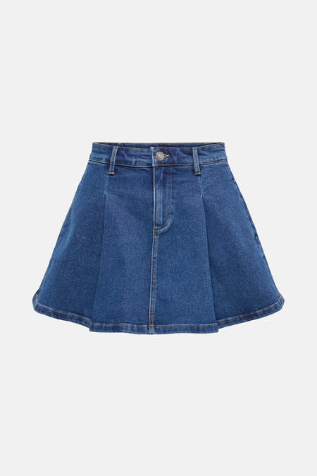 Short blue denim skirt from ONLY, seen from behind.