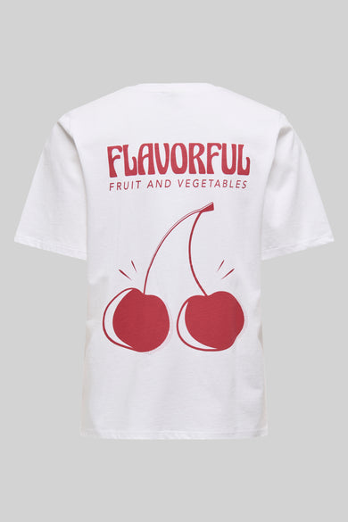 Wit T-shirt met korte mouwen van JDY, met rode kers print en tekst op de achterkant.

